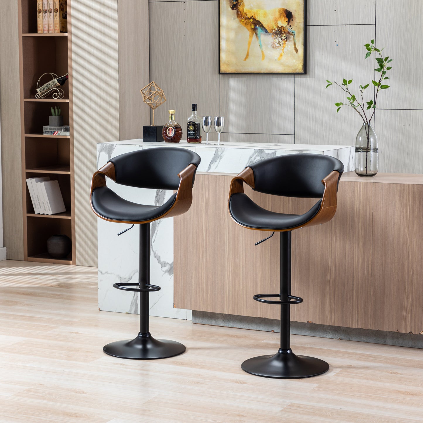 HengMing Adjustable/Swivel Bar Stool, PU Leather black Bent wood Bar Chair 1pcs/ctn.