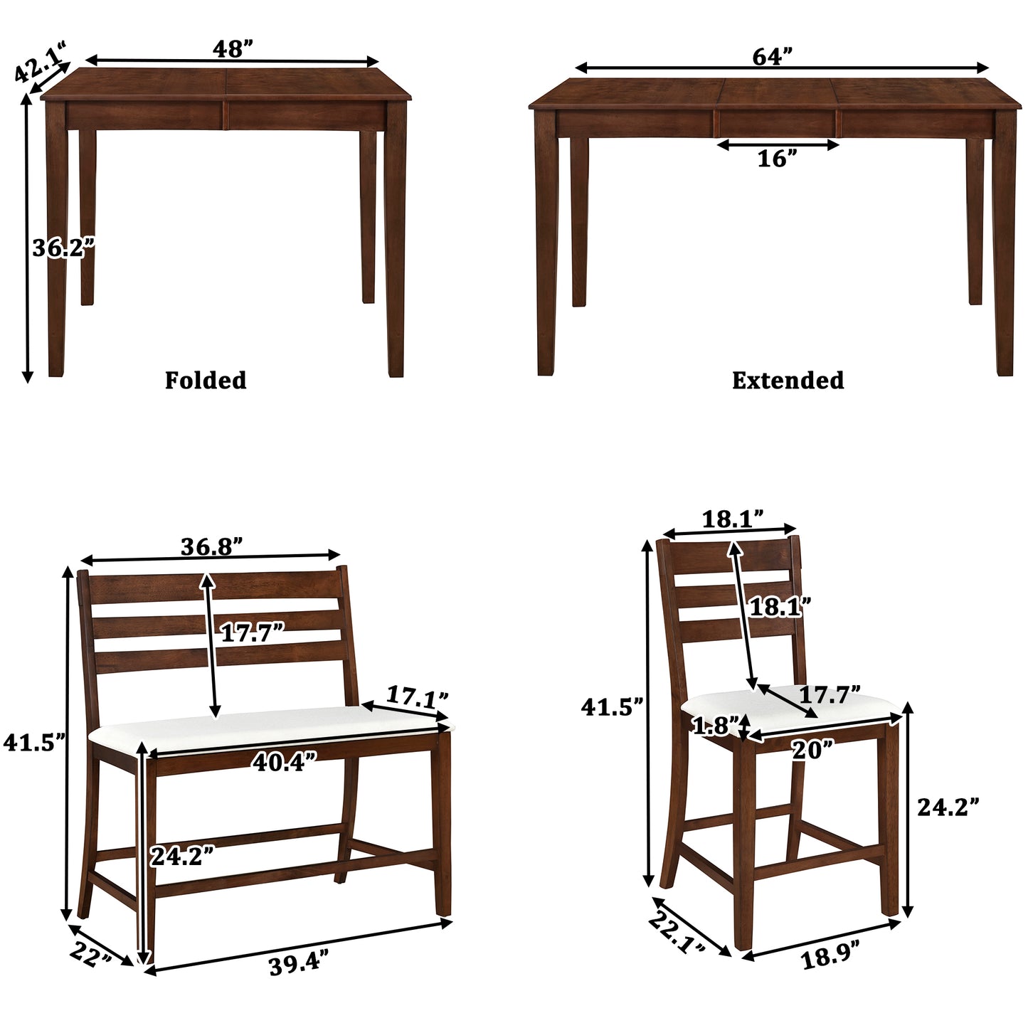 TOPMAX Farmhouse Extendable Counter Height 6-Piece Dining Table Set with Removable Leaf, 4 Dining Chairs and Dining Bench with Back, Brown Walnut+Beige