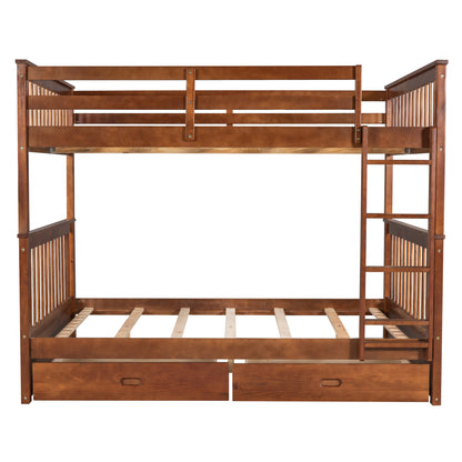 Full-Over-Full Bunk Bed with Ladders and Two Storage Drawers (Walnut)