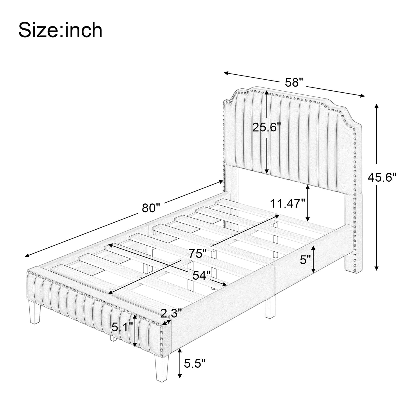 Modern Linen Curved Upholstered Platform Bed , Solid Wood Frame , Nailhead Trim, Cream (Full)