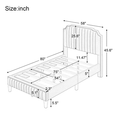 Modern Linen Curved Upholstered Platform Bed , Solid Wood Frame , Nailhead Trim, Cream (Full)