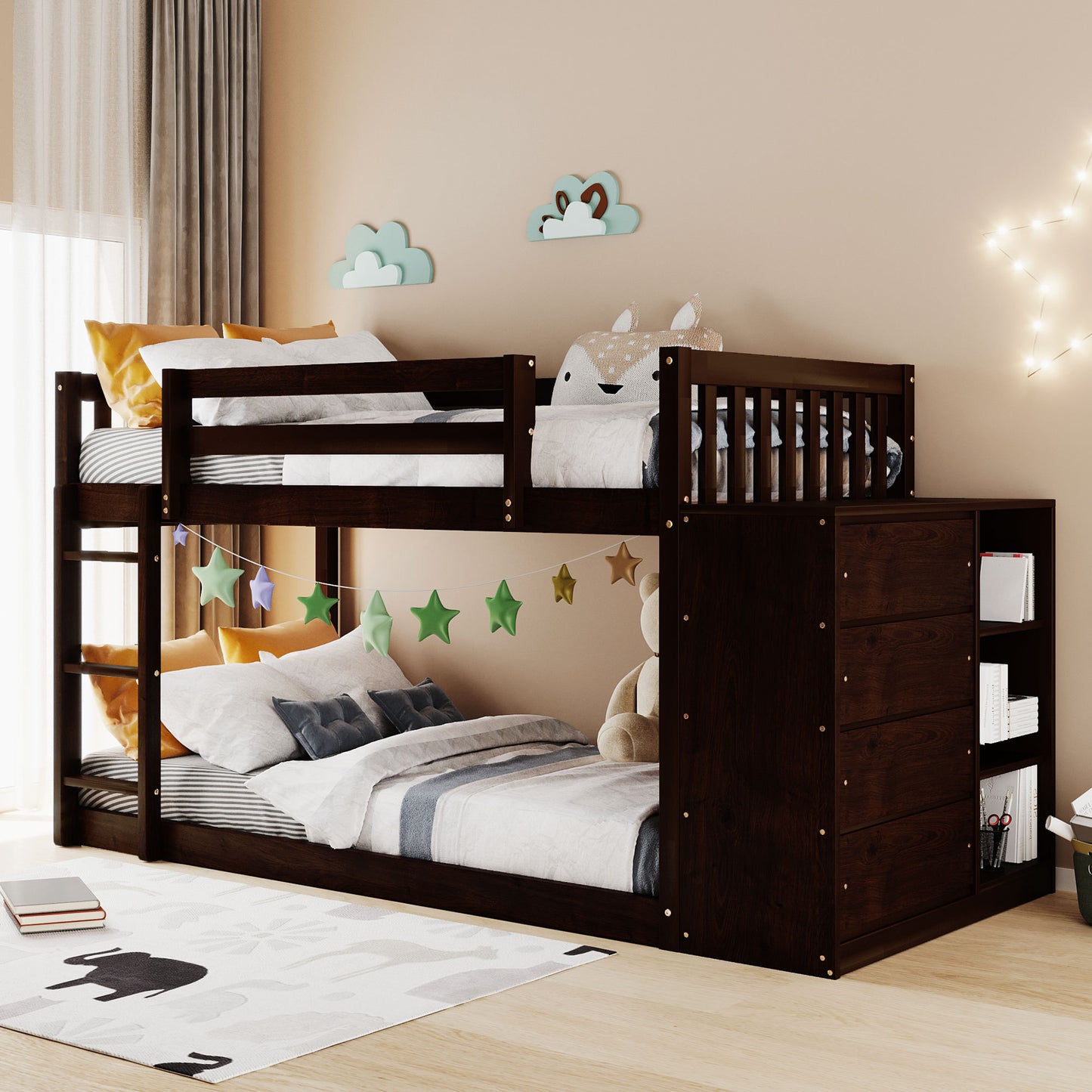 Twin over Twin Bunk Bed with 4 Drawers and 3 Shelves-Espresso（OLD SKU: LP000067AAP）