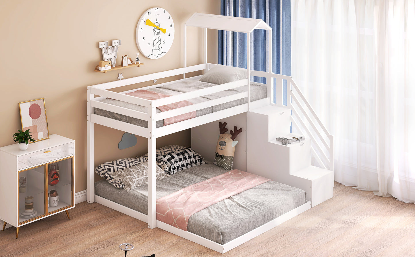 Twin over Full House Roof Bunk Bed with Staircase and Shelves, White