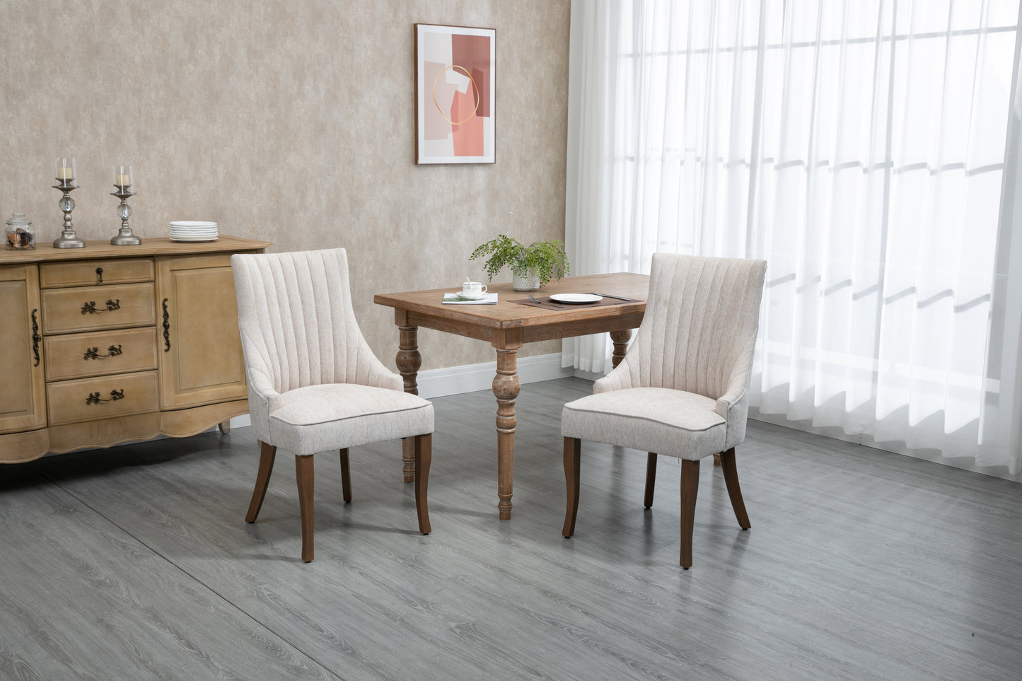 Exquisite Cream Linen Fabric Upholstered Strip Back Dining Chair with Solid Wood Legs 2 Pcs