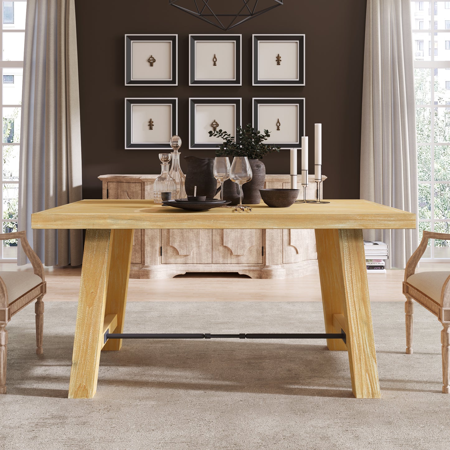 TREXM Wood Dining Table Kitchen Furniture Rectangular Table, Seats up to 6 (Natural Wood Wash)