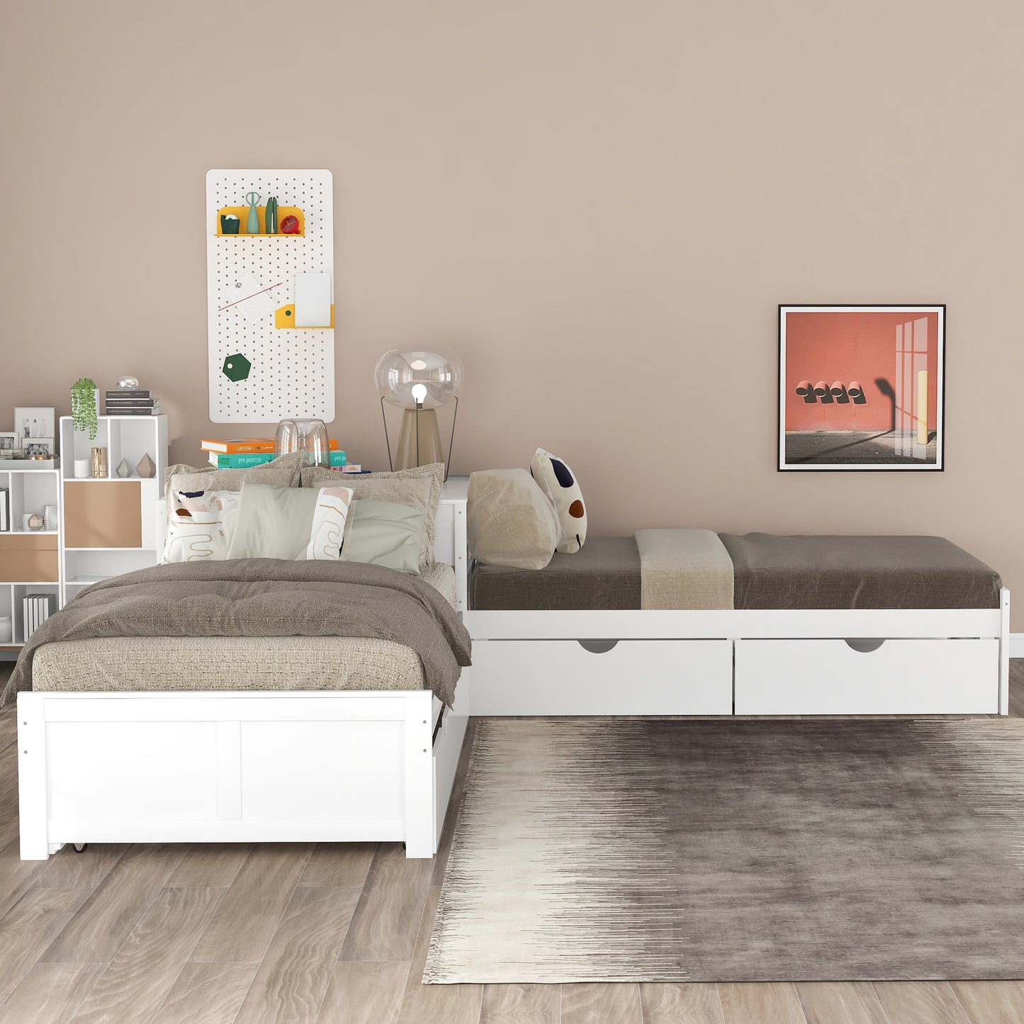 L-shaped Platform Bed with Trundle and Drawers Linked with built-in Desk,Twin,White