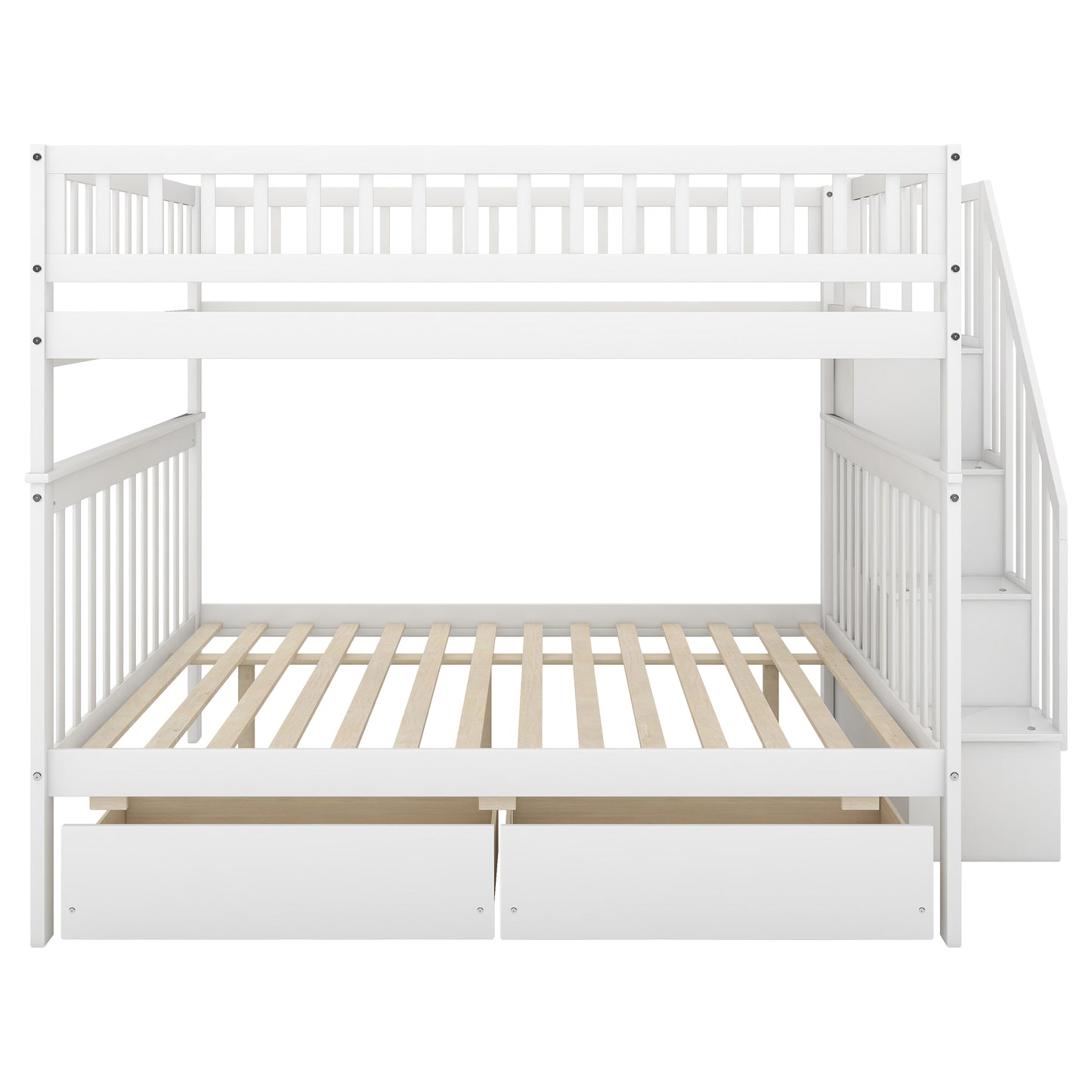 Full over Full Bunk Bed with Two Drawers and Storage, White