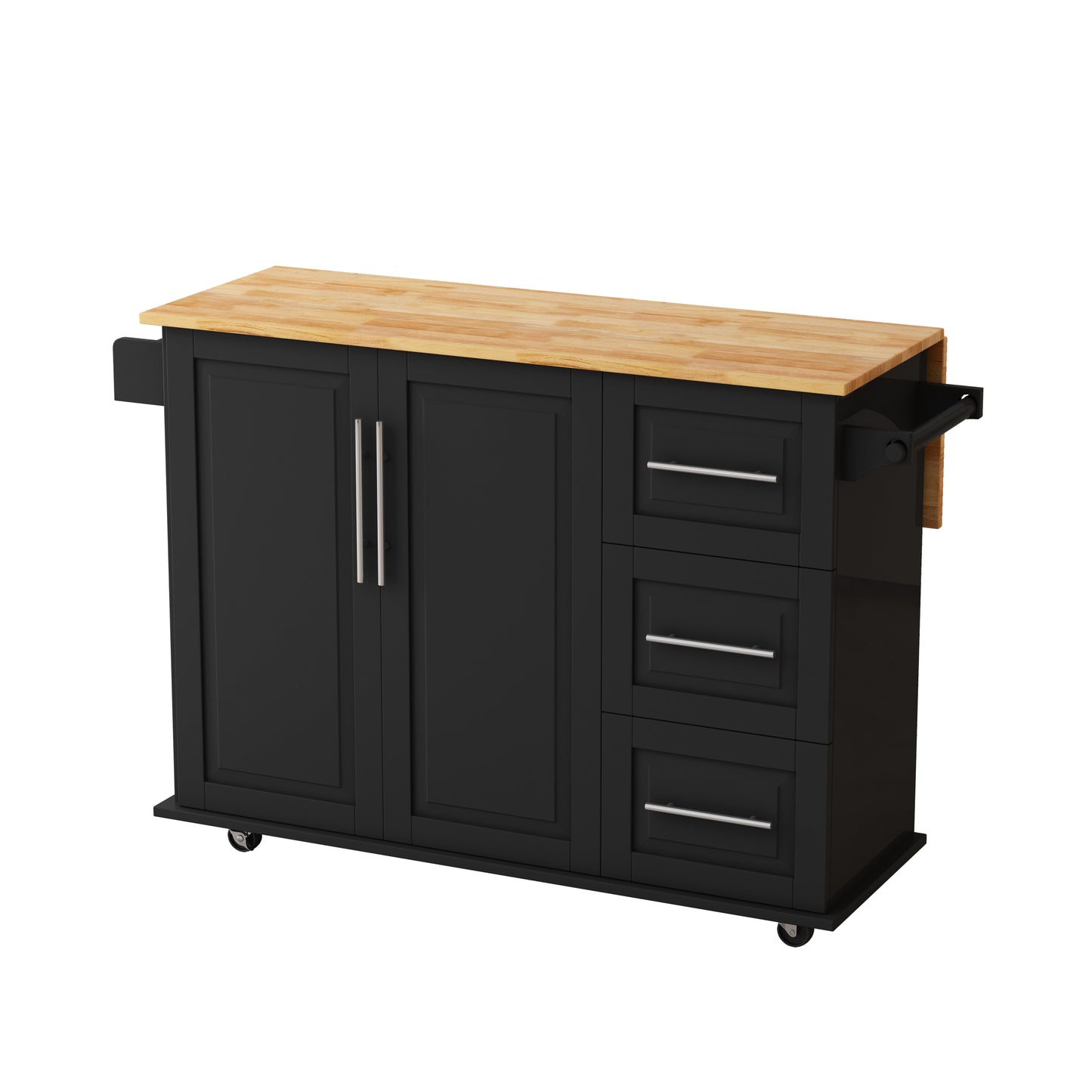 Kitchen Island Cart with 2 Door Cabinet and Three Drawers,53.5 Inch Width with Spice Rack, Towel Rack (Black)