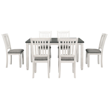 TREXM 7-Piece Dining Table Set Wood Dining Table and 6 Upholstered Chairs with Shaped Legs for Dining Room/Living Room Furniture (Gray+White)