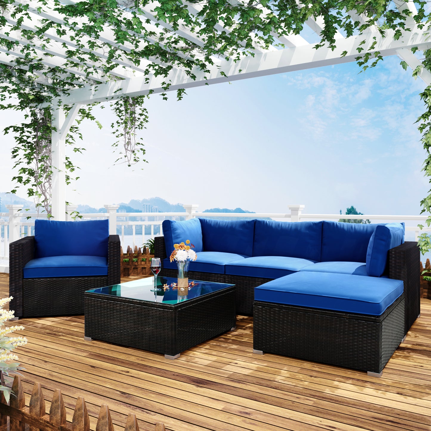 TOPMAX 6PCS Outdoor Patio Sectional All Weather PE Wicker Rattan Sofa Set with Glass Table, Blue Cushion+ Brown Wicker