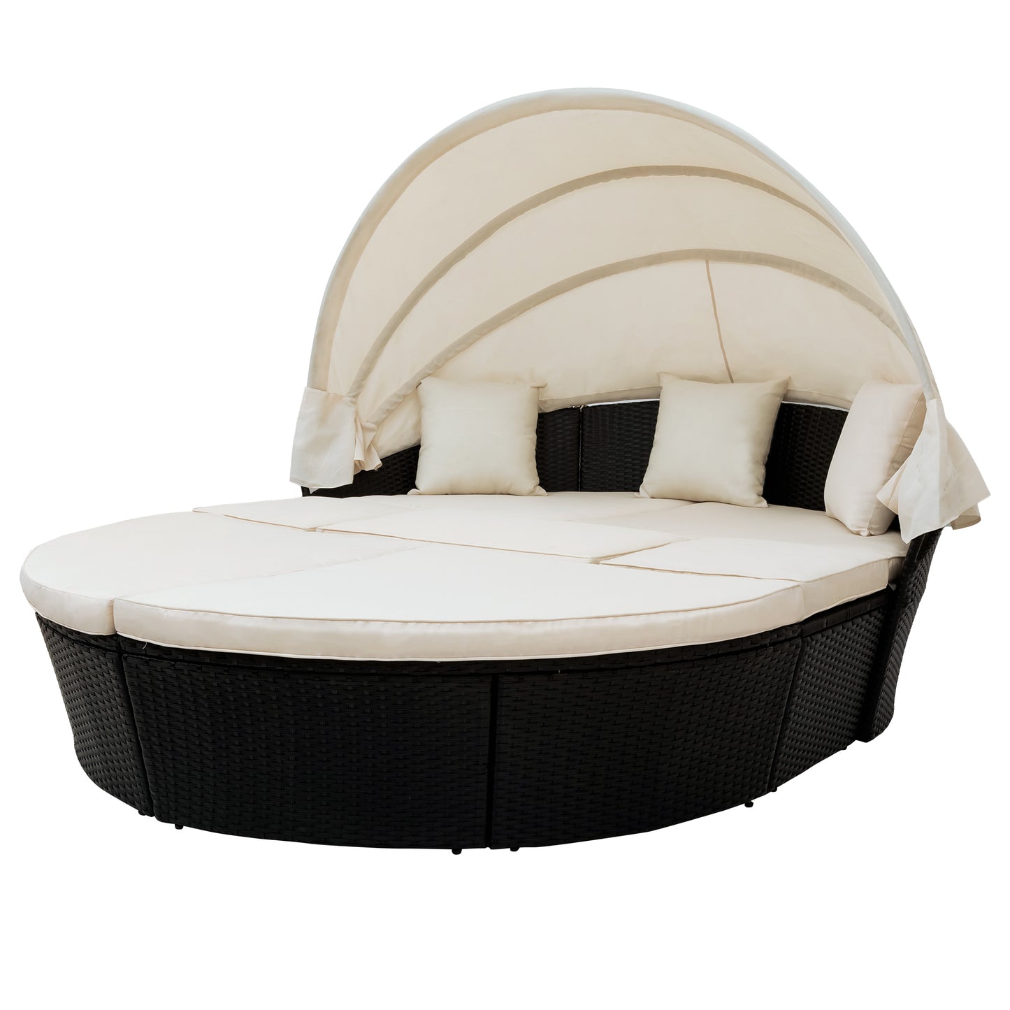 Outdoor rattan daybed sunbed with Retractable Canopy Wicker Furniture, Round Outdoor Sectional Sofa Set, black Wicker Furniture Clamshell  Seating with Washable Cushions, Backyard, Porch, Beige.