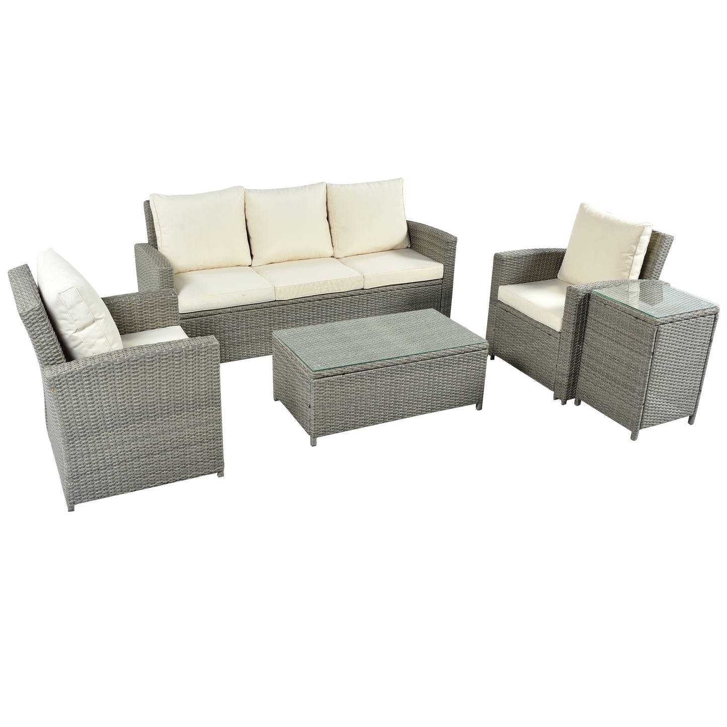 U_Style 5 Piece Rattan Sectional Seating Group with Cushions and table, Patio Furniture Sets, Outdoor Wicker Sectional