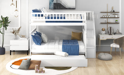 Full over Full Bunk Bed with Trundle and Staircase,White