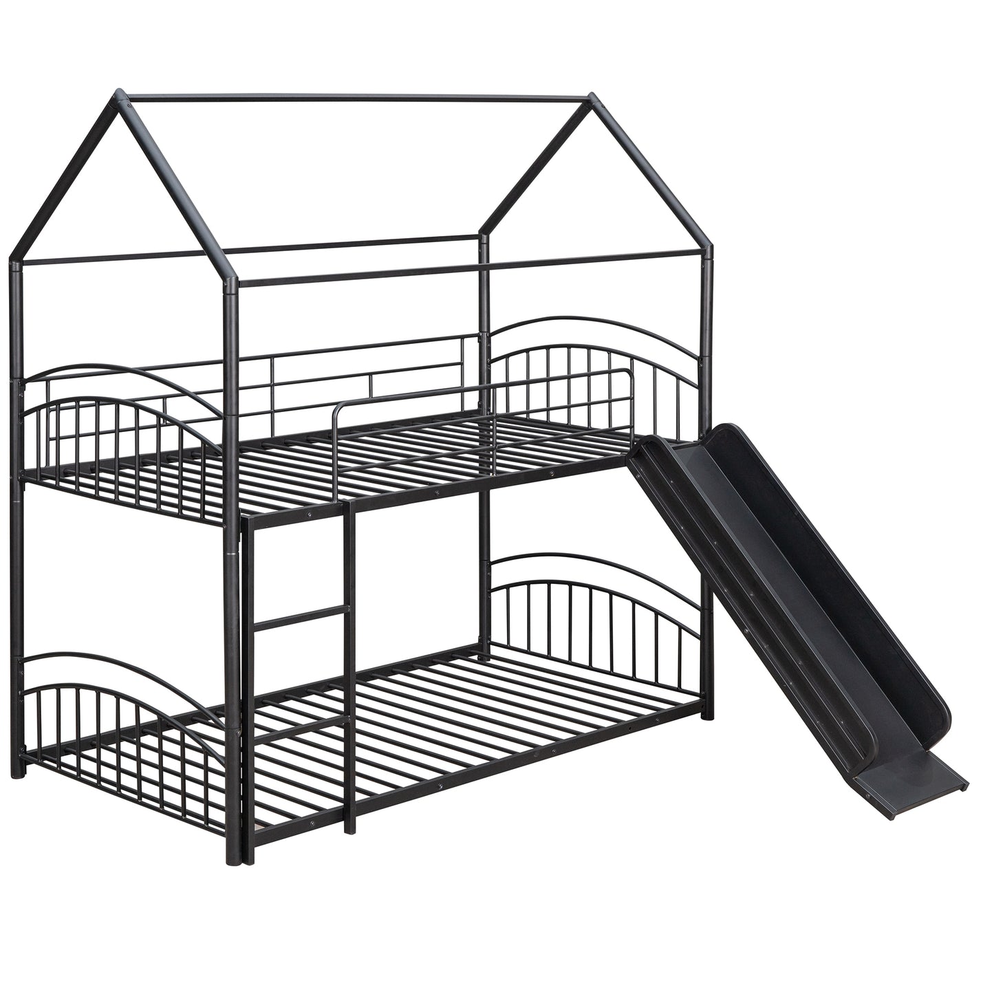 Twin Over Twin Metal Bunk Bed With Slide,Kids House Bed Black