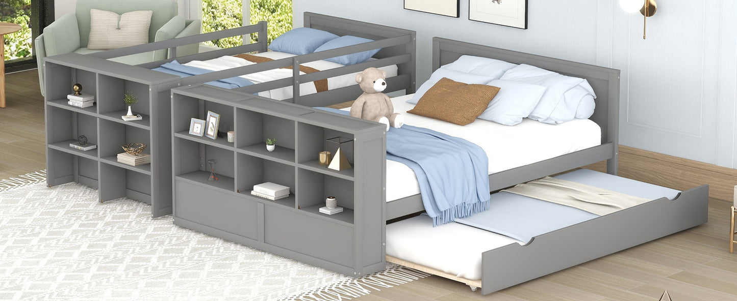 Twin over Full Bunk Bed with Trundle and Shelves, can be Separated into Three Separate Platform Beds, Gray