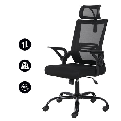 High Back Office Chair Ergonomic Desk Chair Flip Up Arms Mesh Computer Chair Height Adjustable Swivel Chair with Lumbar Support for Office, Home, School (Black）