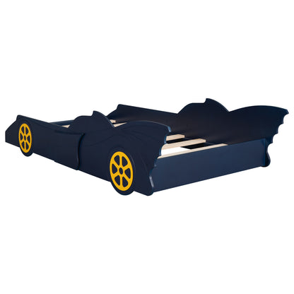 Twin Size Race Car-Shaped Platform Bed with Wheels,Blue+Yellow