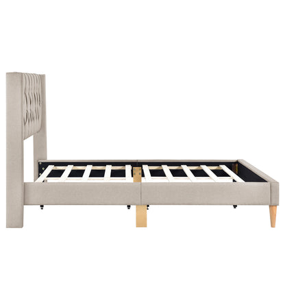 Upholstered Platform Bed with Rubber Wood Legs,No Box Spring Needed, Linen Fabric,Full Size-Beige