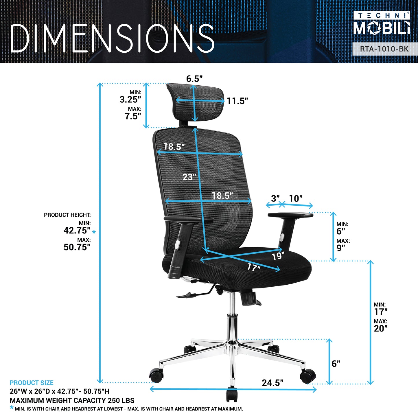 Techni Mobili High Back Executive Mesh Office Chair with Arms, Lumbar Support and Chrome Base, Black