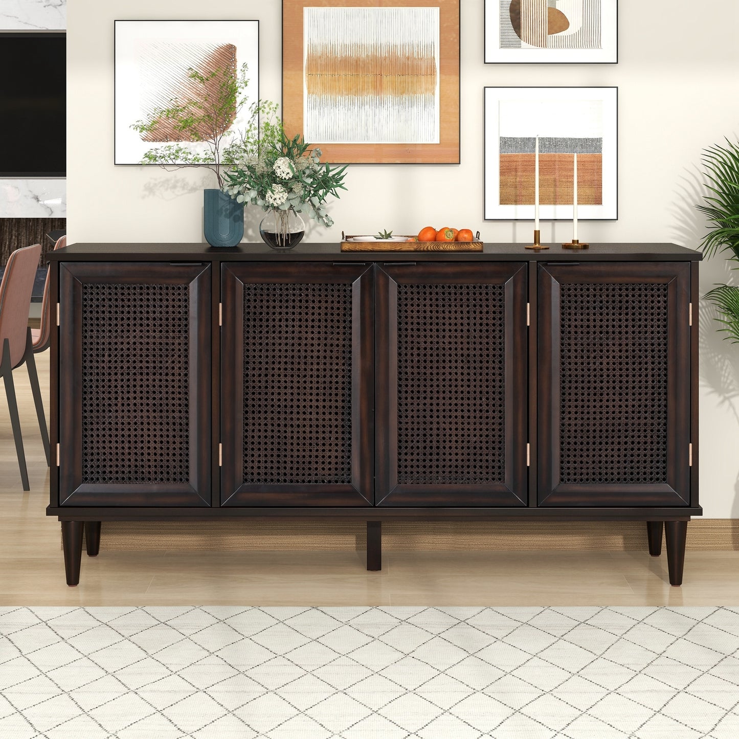 TREXM Large Storage Space Sideboard with Artificial Rattan Door and Unobtrusive Doorknob for Living Room and Entryway (Espresso)