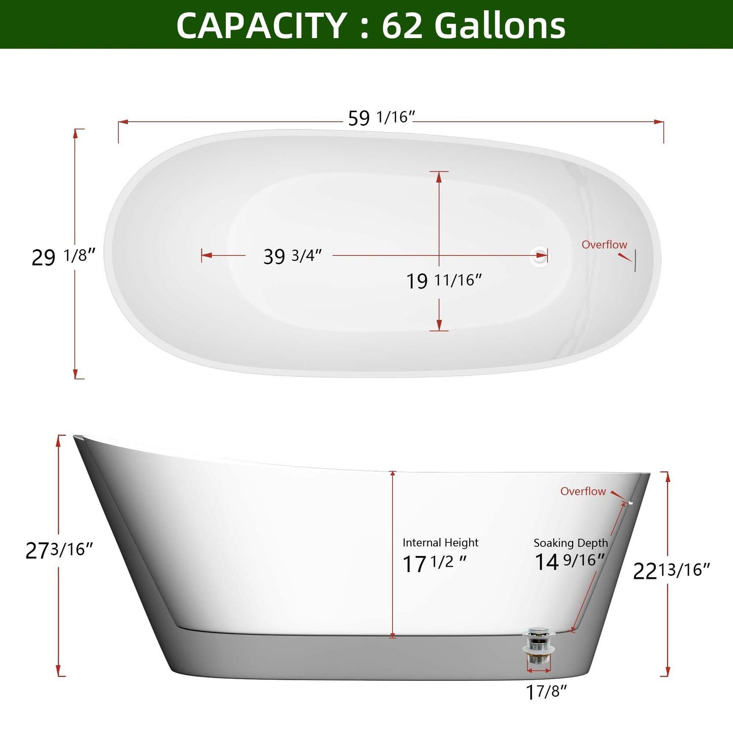 59" Acrylic Free Standing Tub - Classic Oval Shape Soaking Tub, Adjustable Freestanding Bathtub with Integrated Slotted Overflow and Chrome Pop-up Drain Anti-clogging Gloss White