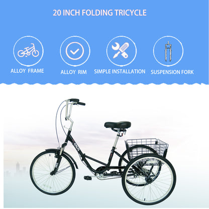 20 Inch Adult Folding Tricycles 3 Wheel W/Installation Tools with Low Step-Through, Large Basket, Foldable Tricycle for Adults, Women, Men