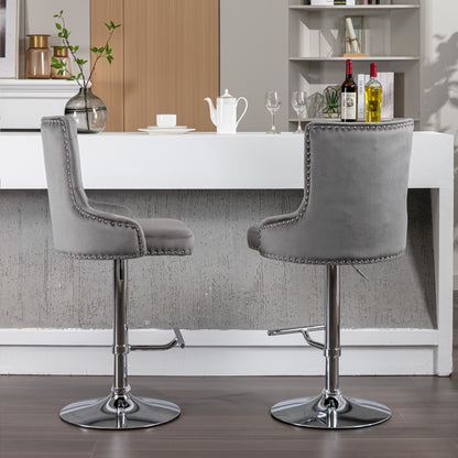 Swivel Velvet Barstools Adjusatble Seat Height , Modern Upholstered Bar Stools with Backs Comfortable Tufted for Home Pub and Kitchen Island（Gray,Set of 2）