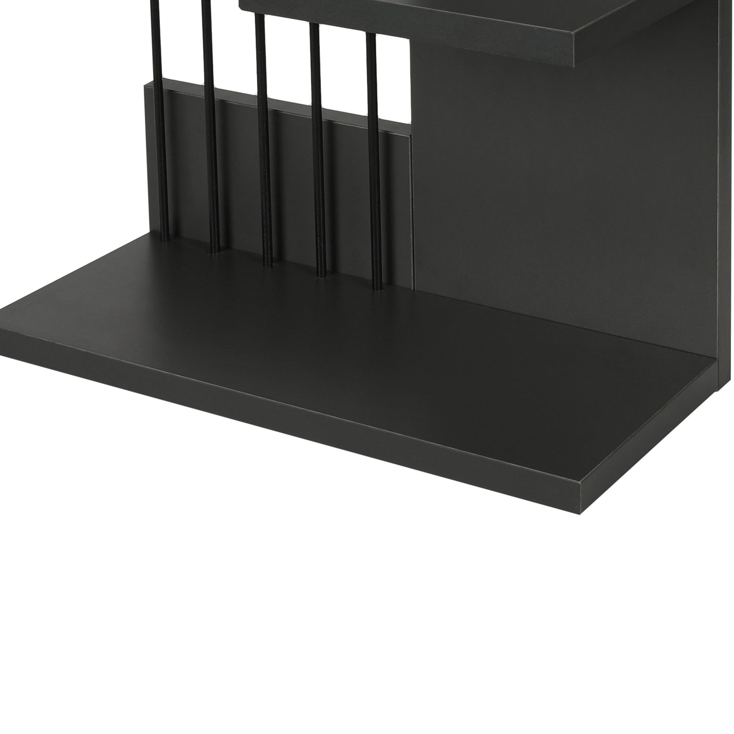 16 Inch 3 Tier Rectangular Wood Floating Wall Mount Shelf with Vertical Bars Accent, Charcoal Gray