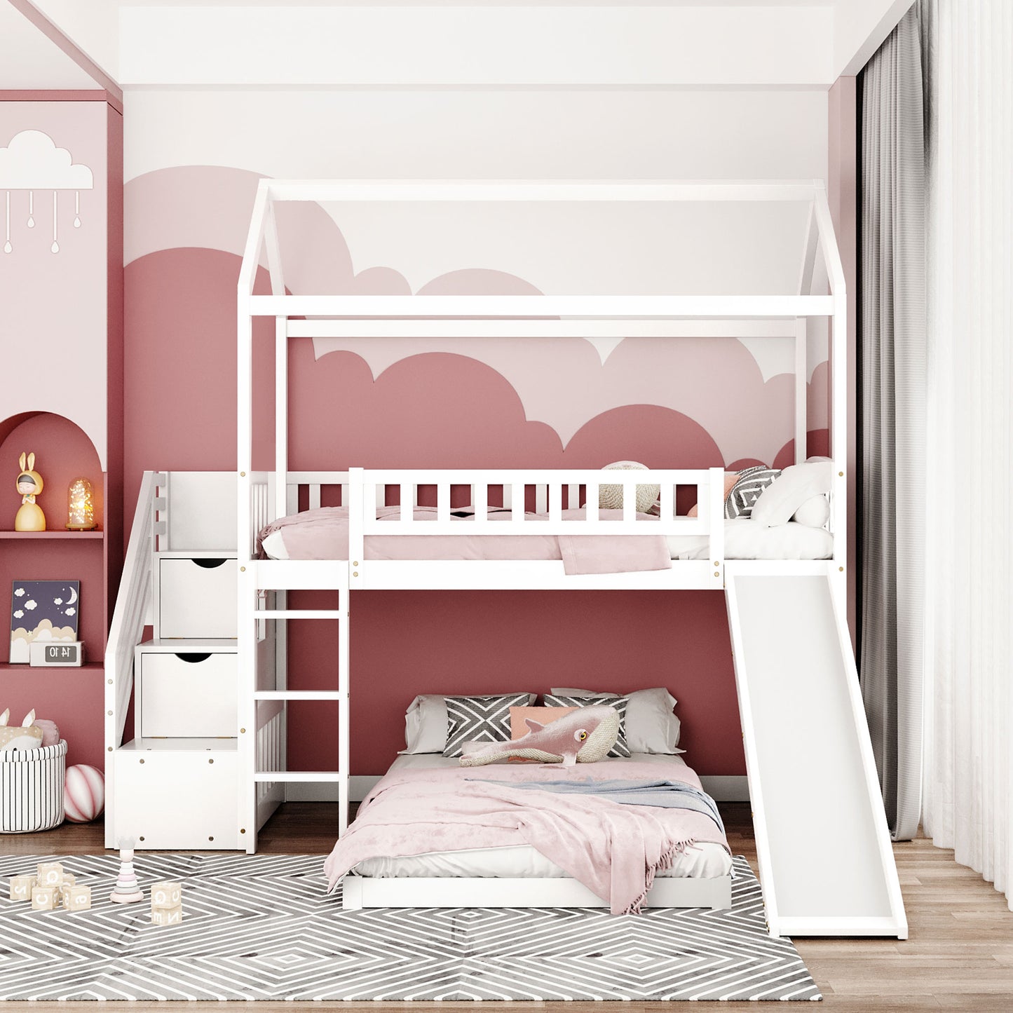 Twin Over Twin Bunk Bed with Two Drawers and Slide, House Bed with Slide, White(OLD SKU :LP000129AAK)