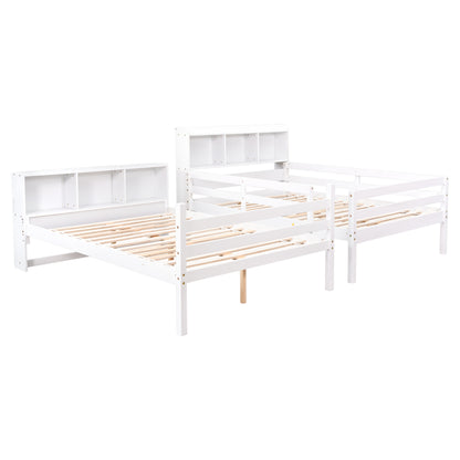 Full Over Full Bunk Beds with Bookcase Headboard, Solid Wood Bed Frame with Safety Rail and Ladder, Kids/Teens Bedroom, Guest Room Furniture, Can Be converted into 2 Beds, White