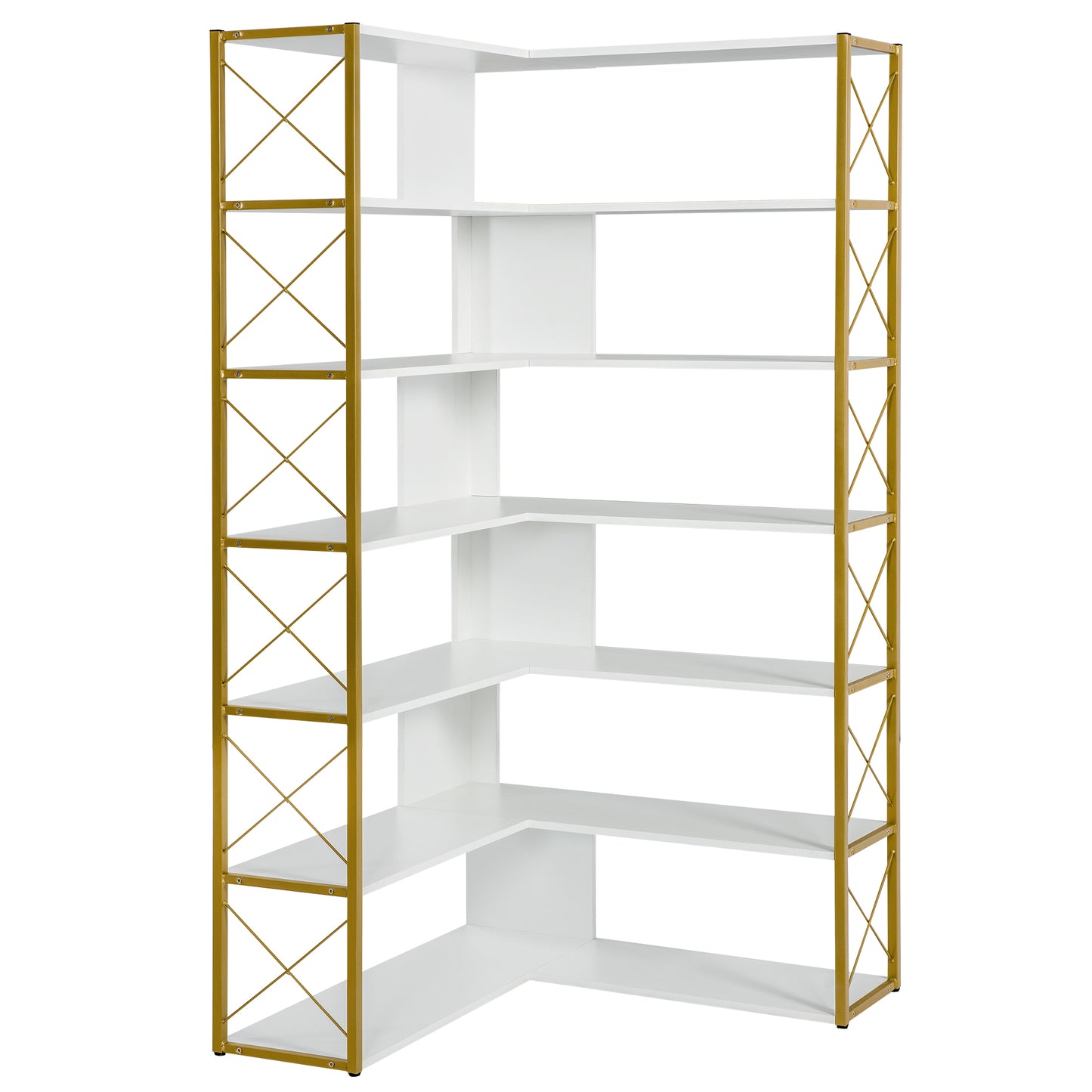 Golden+White 7-Tier Bookcase Home Office Bookshelf,  L-Shaped Corner Bookcase with Metal Frame, Industrial Style Shelf with Open Storage, MDF Board