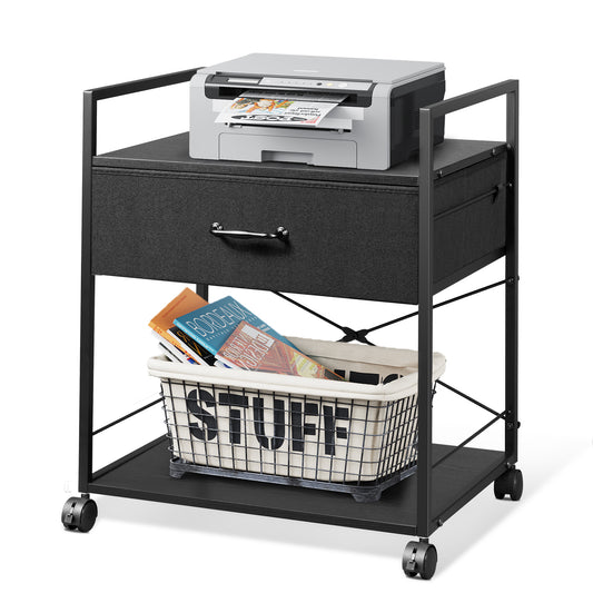 Mobile Printer Stand with Storage Drawer, Vintage Fabric File Cabinet Printer Cart for Home Office, Black