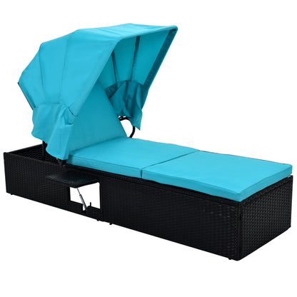 TOPMAX 76.8" Long Reclining Single Chaise Lounge with Cushions,Canopy and Cup Table, Black Wicker+Blue Cushion