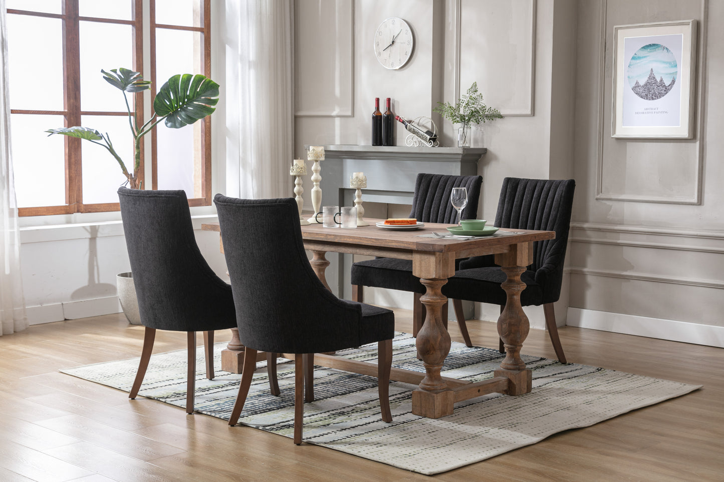 Exquisite Black Linen Fabric Upholstered Strip Back Dining Chair with Solid Wood Legs 2 Pcs