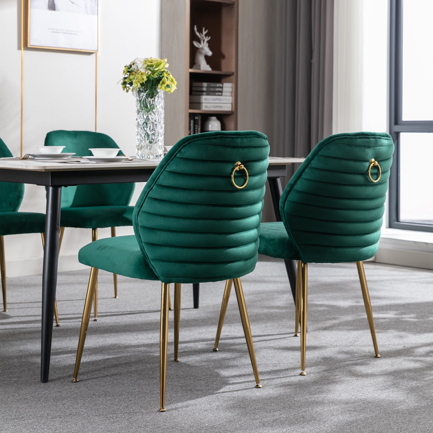 Modern Dining Chair Set of 2, Woven Velvet Upholstered Side Chairs with Barrel Backrest and Gold Metal Legs, Accent Chairs for Living Room Bedroom,Green