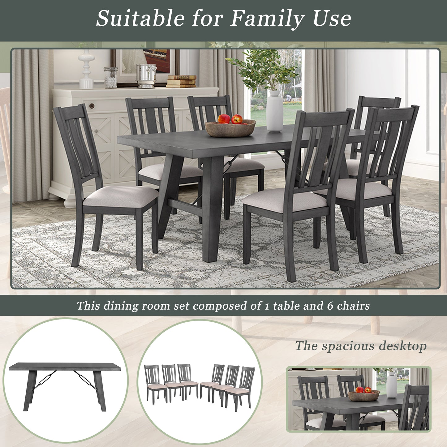 TREXM 7-Piece Dining Room Set - 72" Industrial Style Rectangular Table with Chain Bracket and 6 Dining Chairs (Gray)