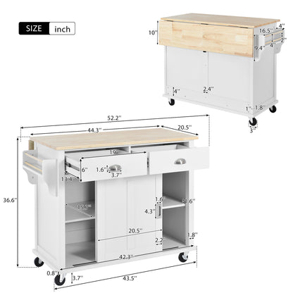 K&K Kitchen Cart with Rubber wood Drop-Leaf Countertop, Concealed sliding barn door adjustable height,Kitchen Island on 4 Wheels with Storage Cabinet and 2 Drawers,L52.2xW30.5xH36.6 inch, White