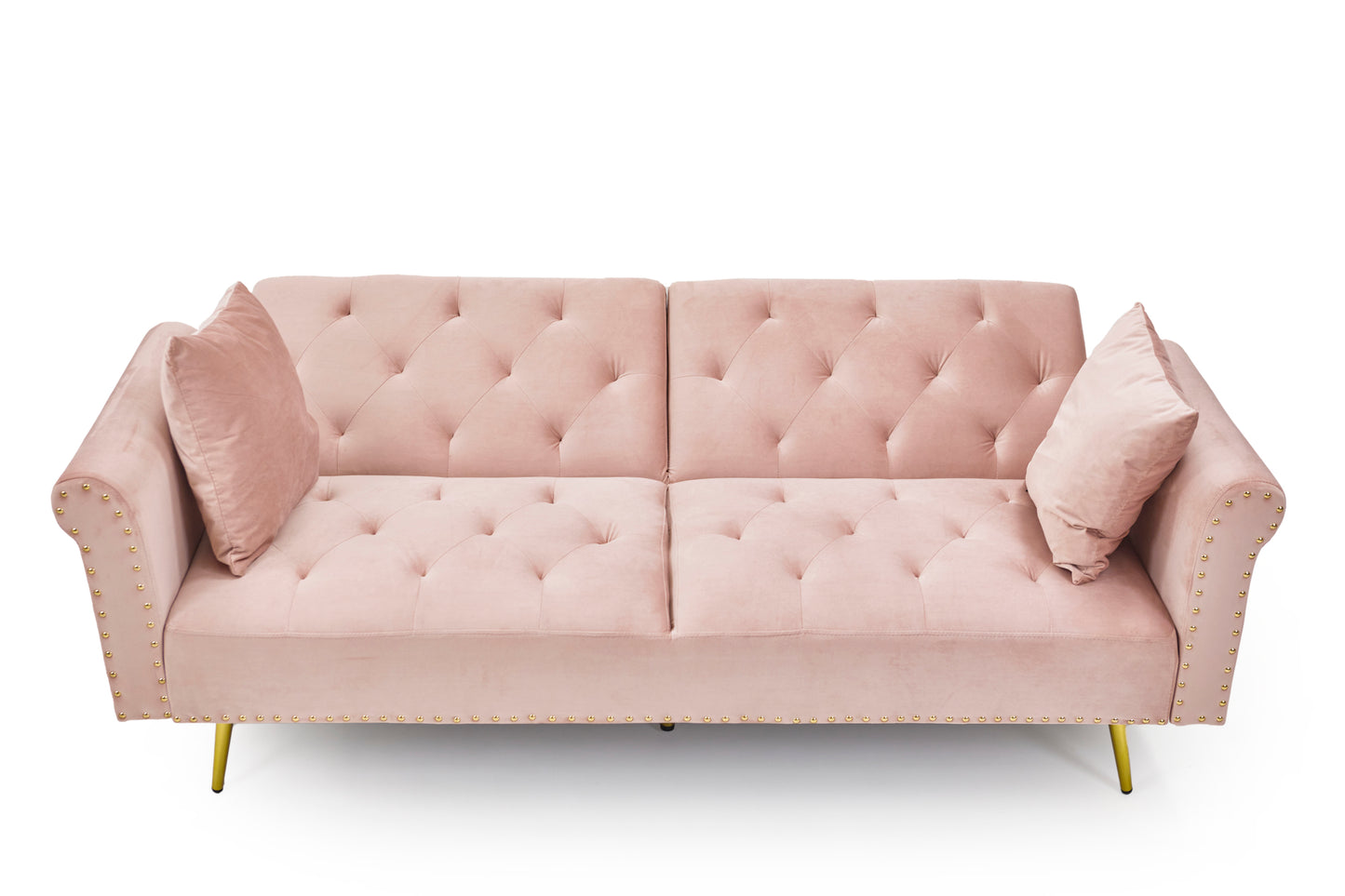 [New+Video]Pink velvet nail head sofa bed with throw pillow and midfoot