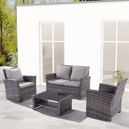 Outdoor Rattan 4 Pieces Furniture Sofa And Table Set Gray rattan + gray cushion