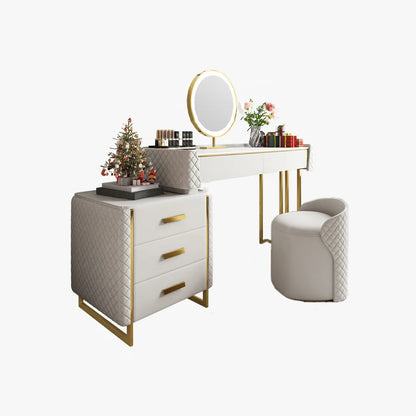 Luxury Makeup Vanity Set with LED Lighted Mirror, Side Cabinet and 5 Drawers, Modern Sintered Stone Dressing Table with Stool, 31.5", White