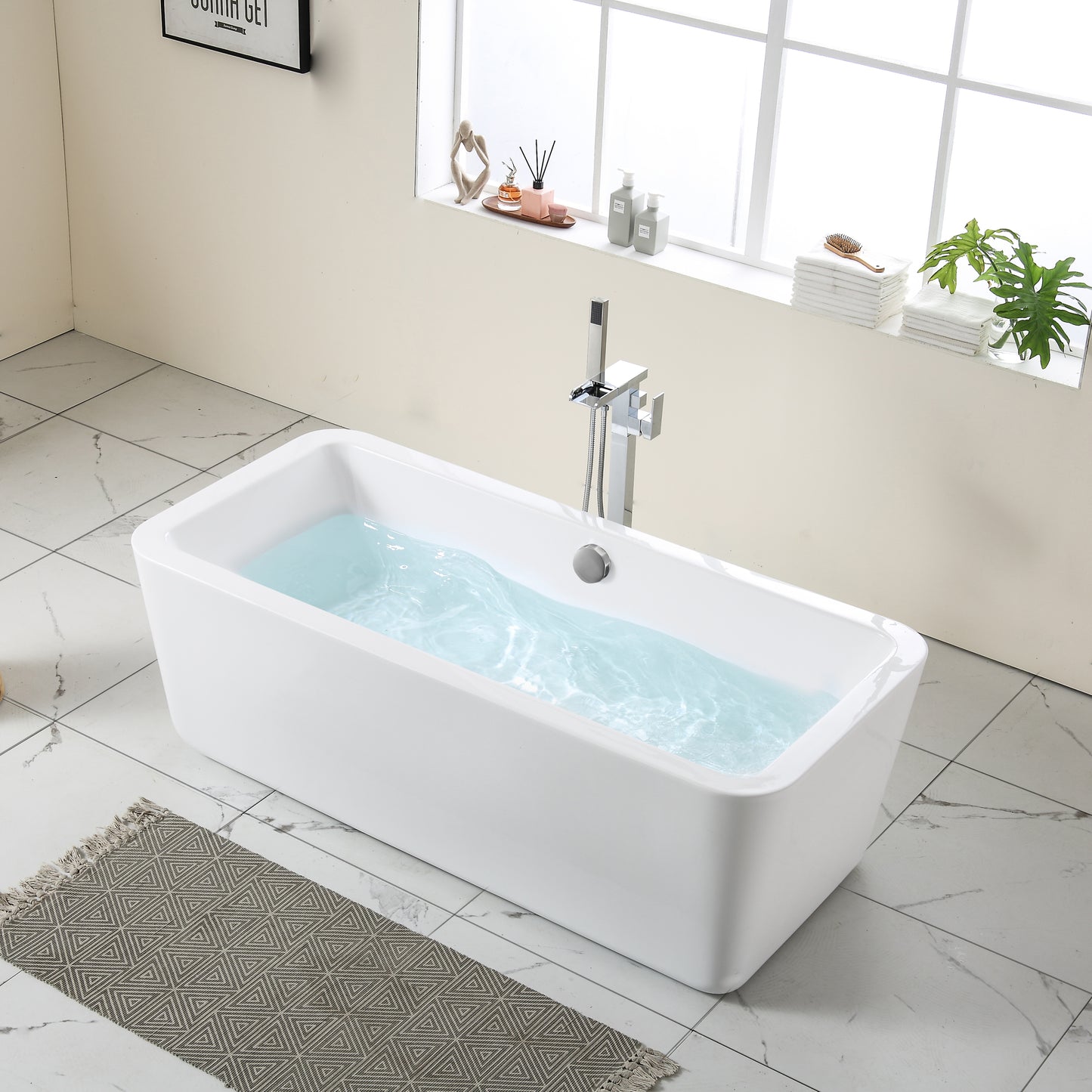 67" Acrylic Art Freestanding Alone White Soaking Bathtub with Brushed Nickel Overflow and Pop-up Drain