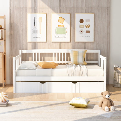 Twin Size Daybed Wood Bed with Twin Size Trundle,White