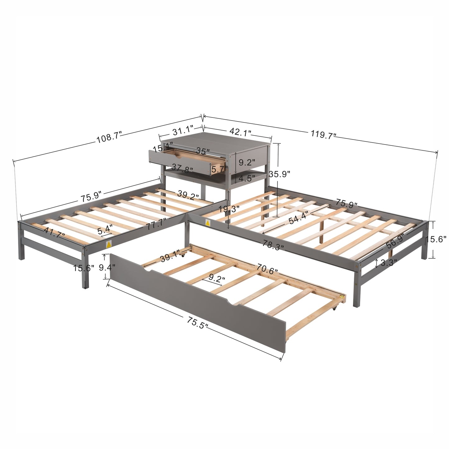 L-Shaped Full Size and Twin Size Platform Beds with Twin Size Trundle and Drawer Linked with Built-in Rectangle Table,Gray