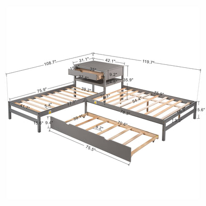 L-Shaped Full Size and Twin Size Platform Beds with Twin Size Trundle and Drawer Linked with Built-in Rectangle Table,Gray