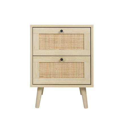 Rattan Nightstand,Bedside Table with 2 Rattan Drawers,Ratten End Table with Storage, Light Wood Rattan Accent Table for Living Room Bedroom,Natural