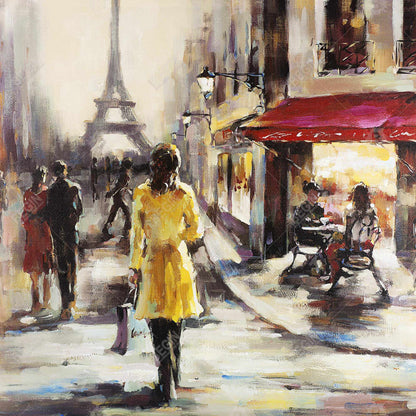 Yellow coat woman walking on the street - 32x32 Print on canvas