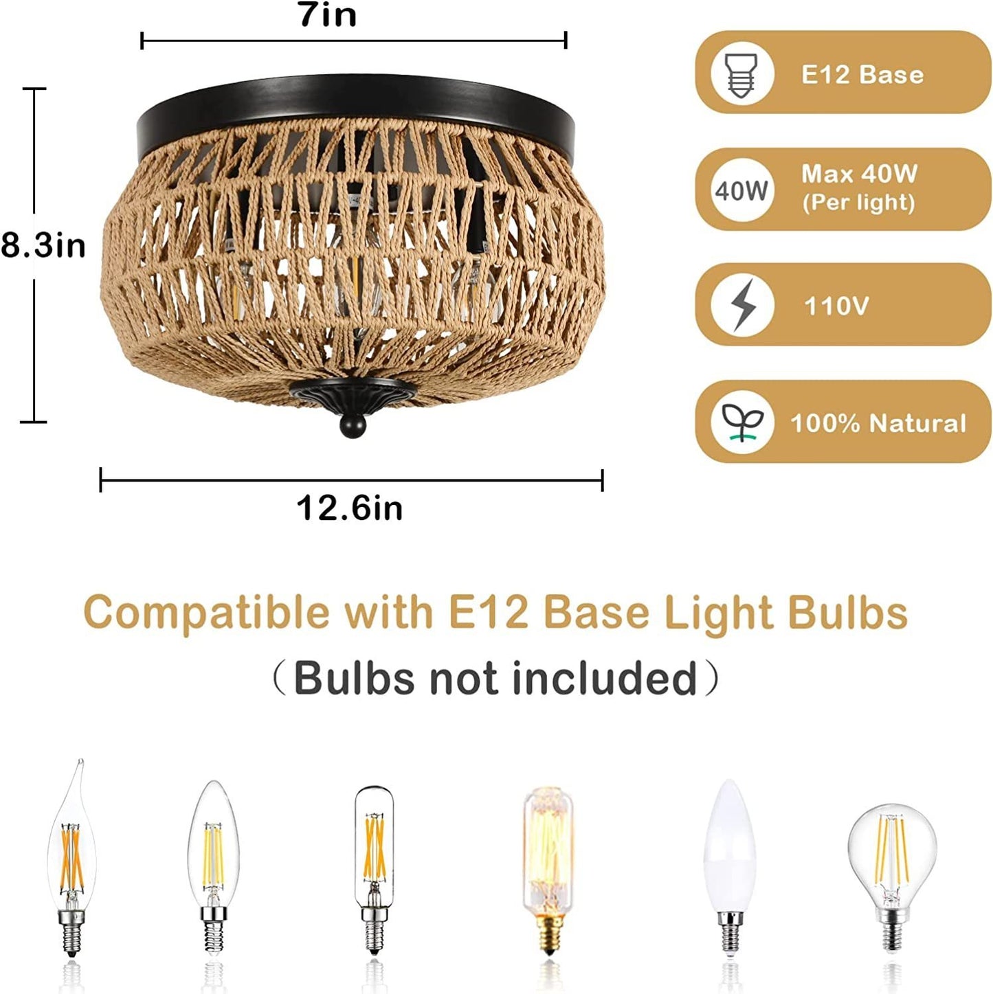 3-Lights Rattan Flush Mount  Light