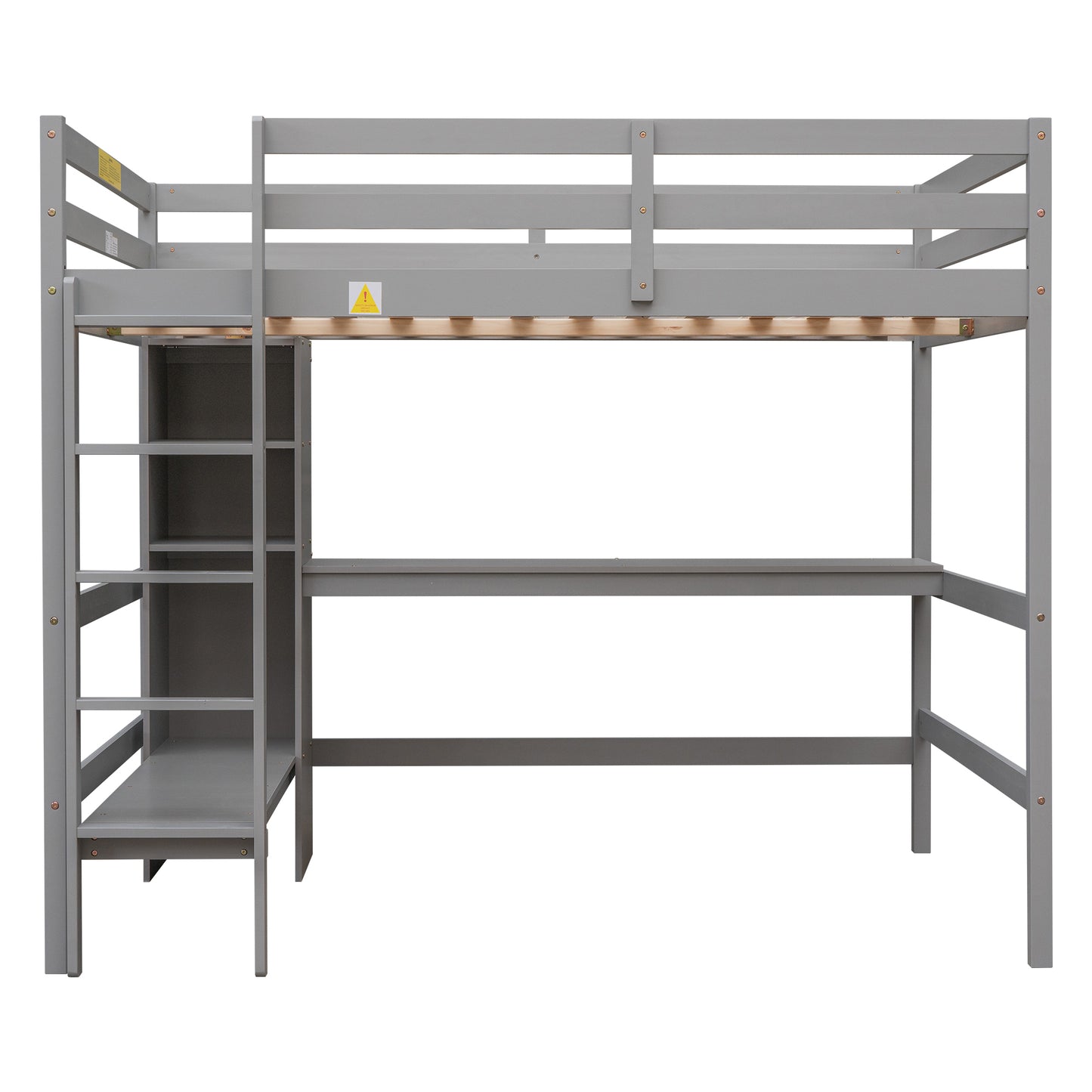 Full Size Loft Bed with Multifunction Shelves and Under-bed Desk, Gray