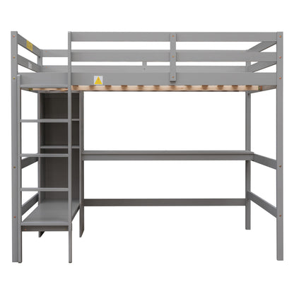 Full Size Loft Bed with Multifunction Shelves and Under-bed Desk, Gray