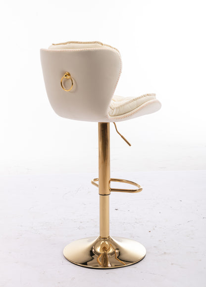 Set of 2  Bar Stools,with Chrome Footrest and Base Swivel Height Adjustable Mechanical Lifting Velvet + Golden Leg Simple Bar Stool-cream